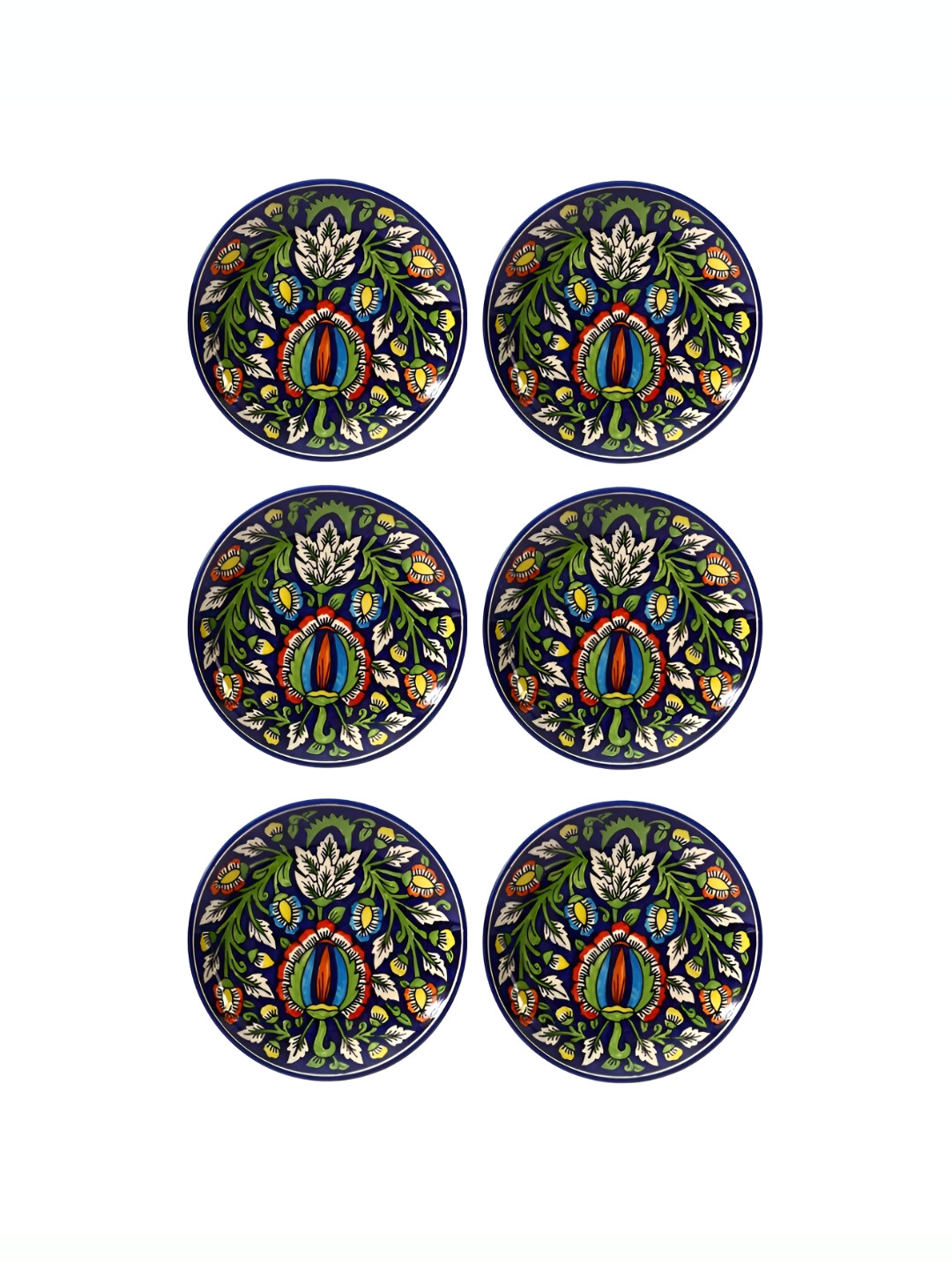 caffeine Blue & Green 6 Pieces Floral Print Ceramic Microwave Safe Dinner Plates