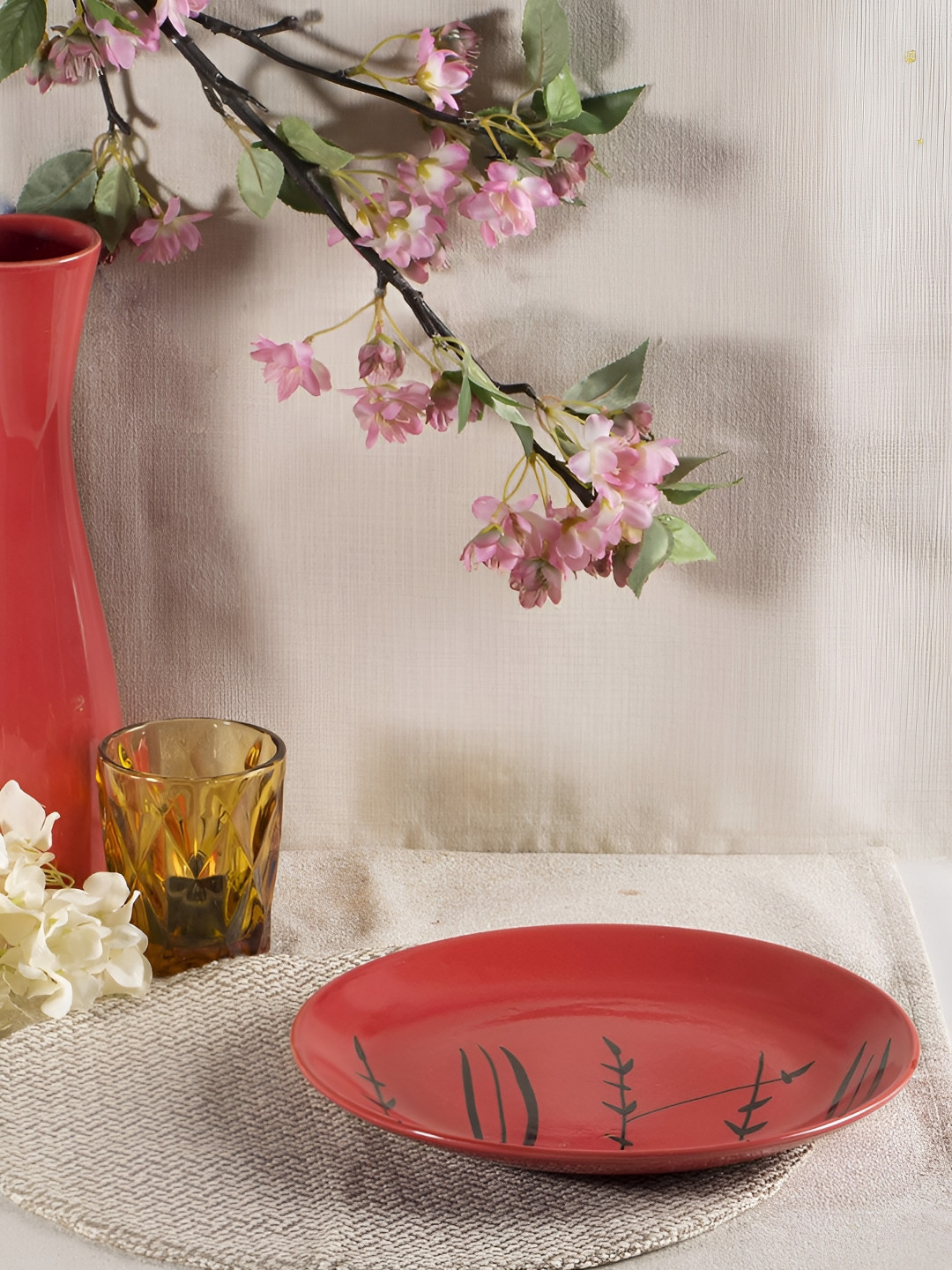 caffeine Red 6 Plates Ceramic Microwave Safe Dinner Plates