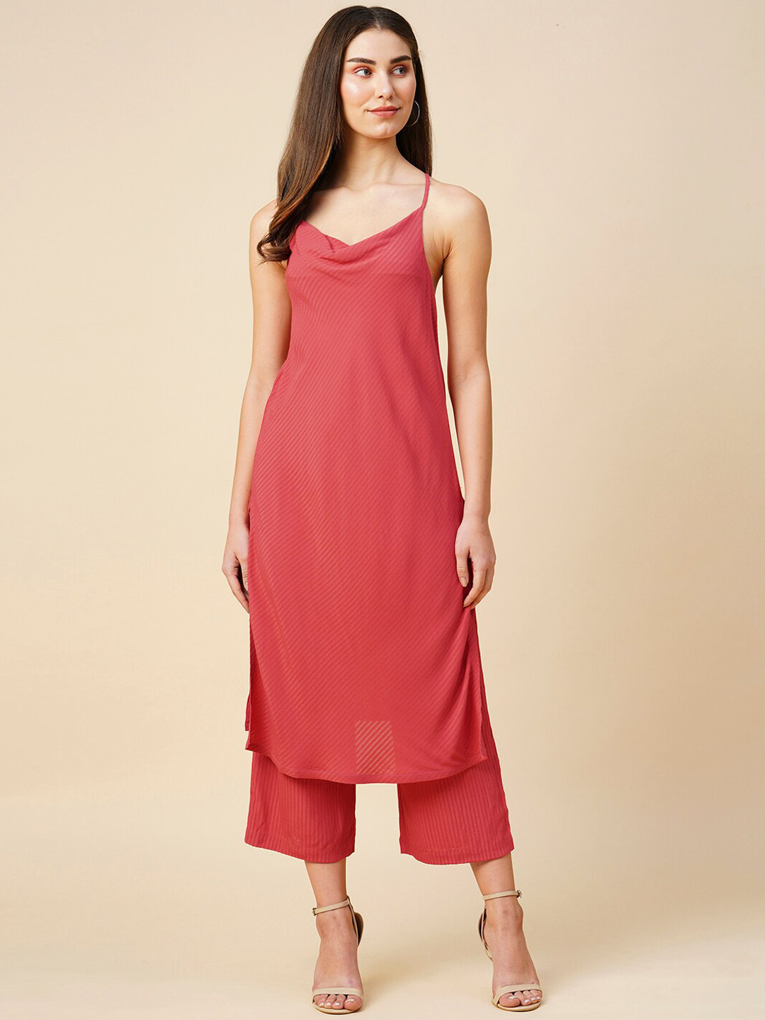 Modern Indian by CHEMISTRY Self Design Dobby Cowl Neck Strappy Kurta & Palazzo