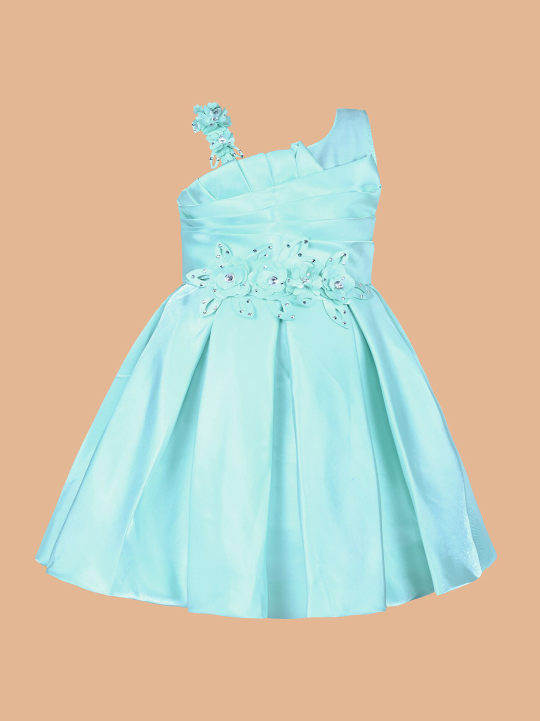 Wish Karo Girls One Shoulder Embellished Silk Satin Fit & Flare Dress