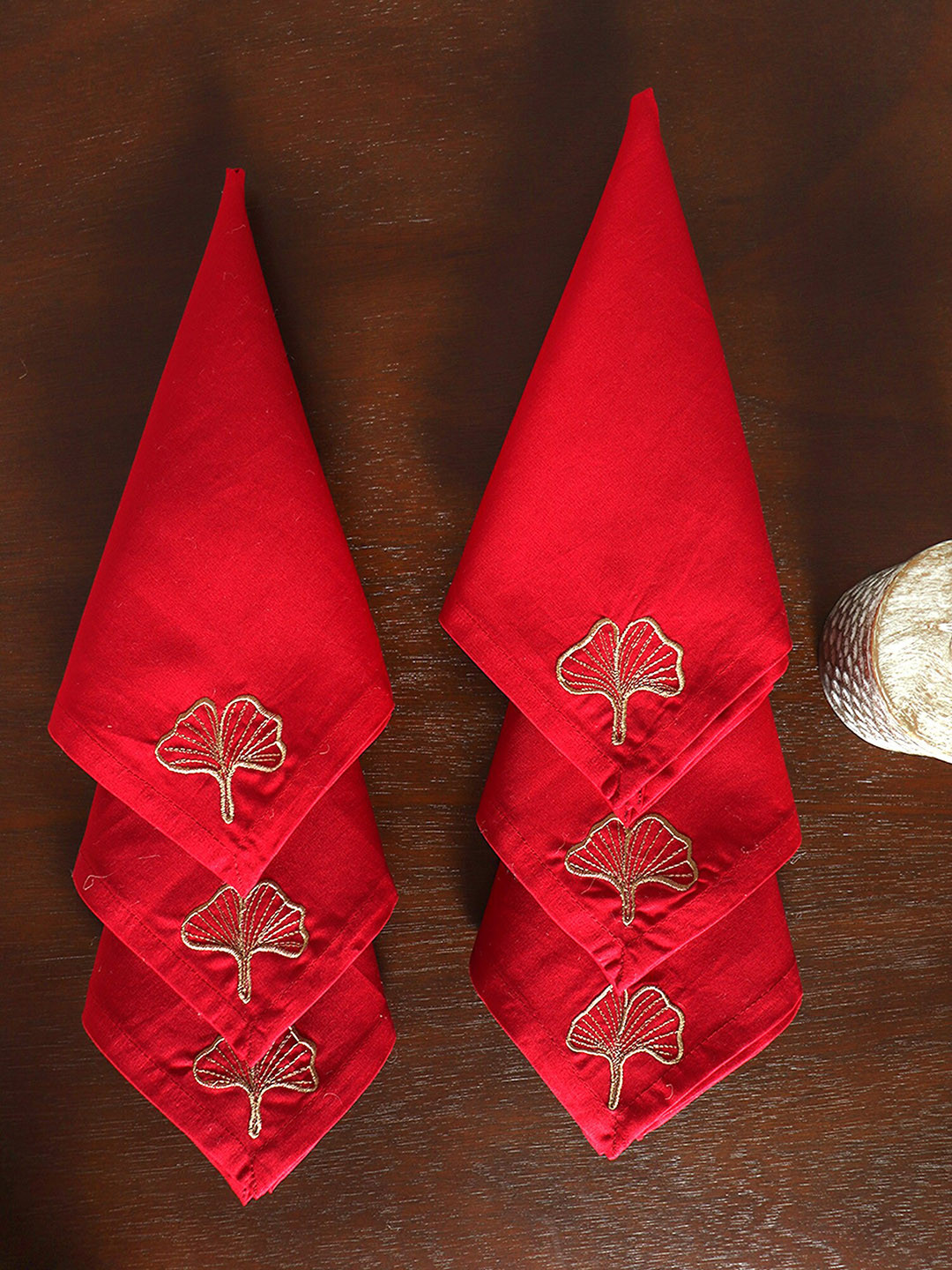 ZEBA Red & Gold Toned 6 Pieces Embroidered Cotton Table Napkins