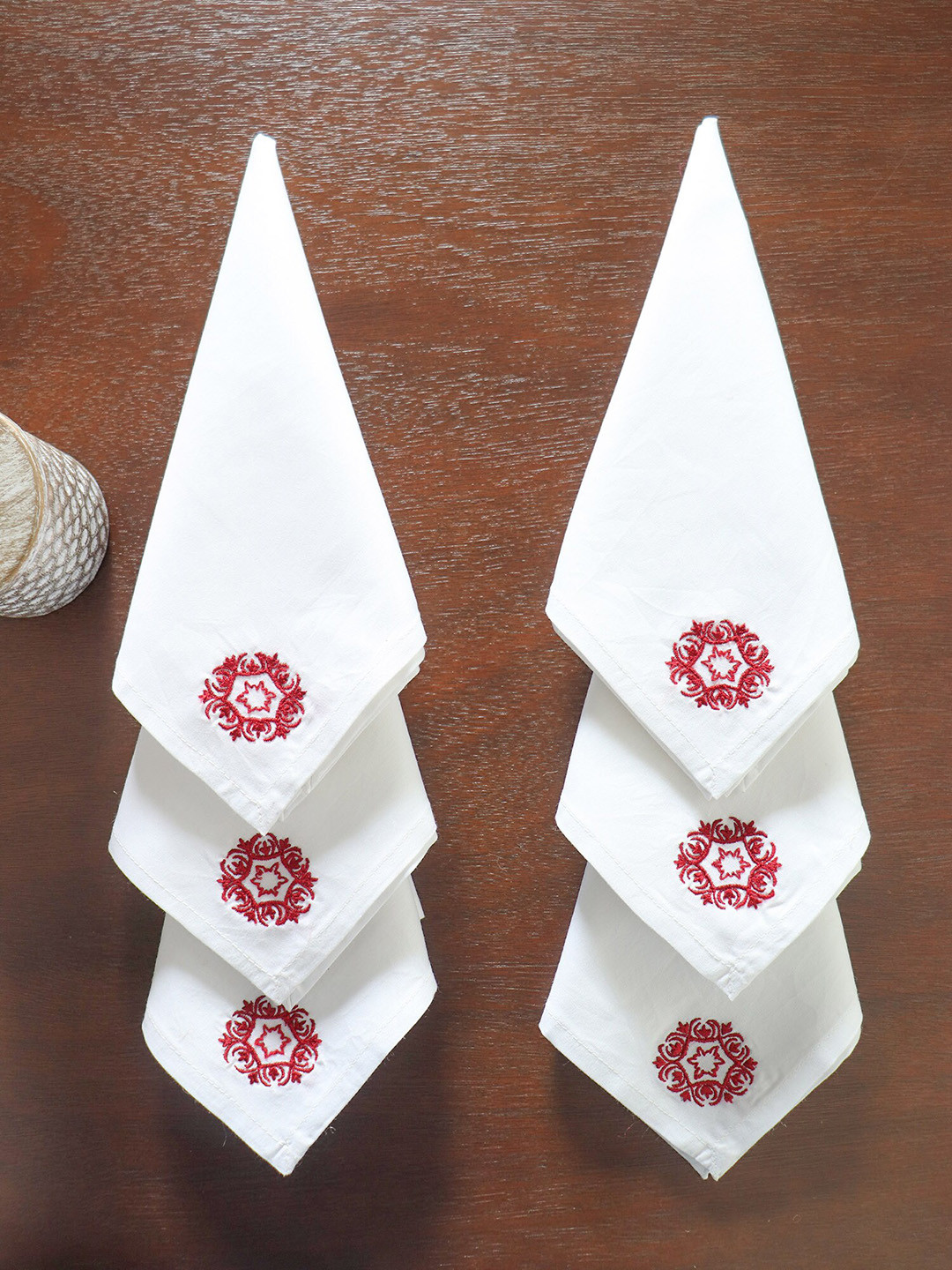 ZEBA White & Red 6 Pieces Embroidered Cotton Table Napkins