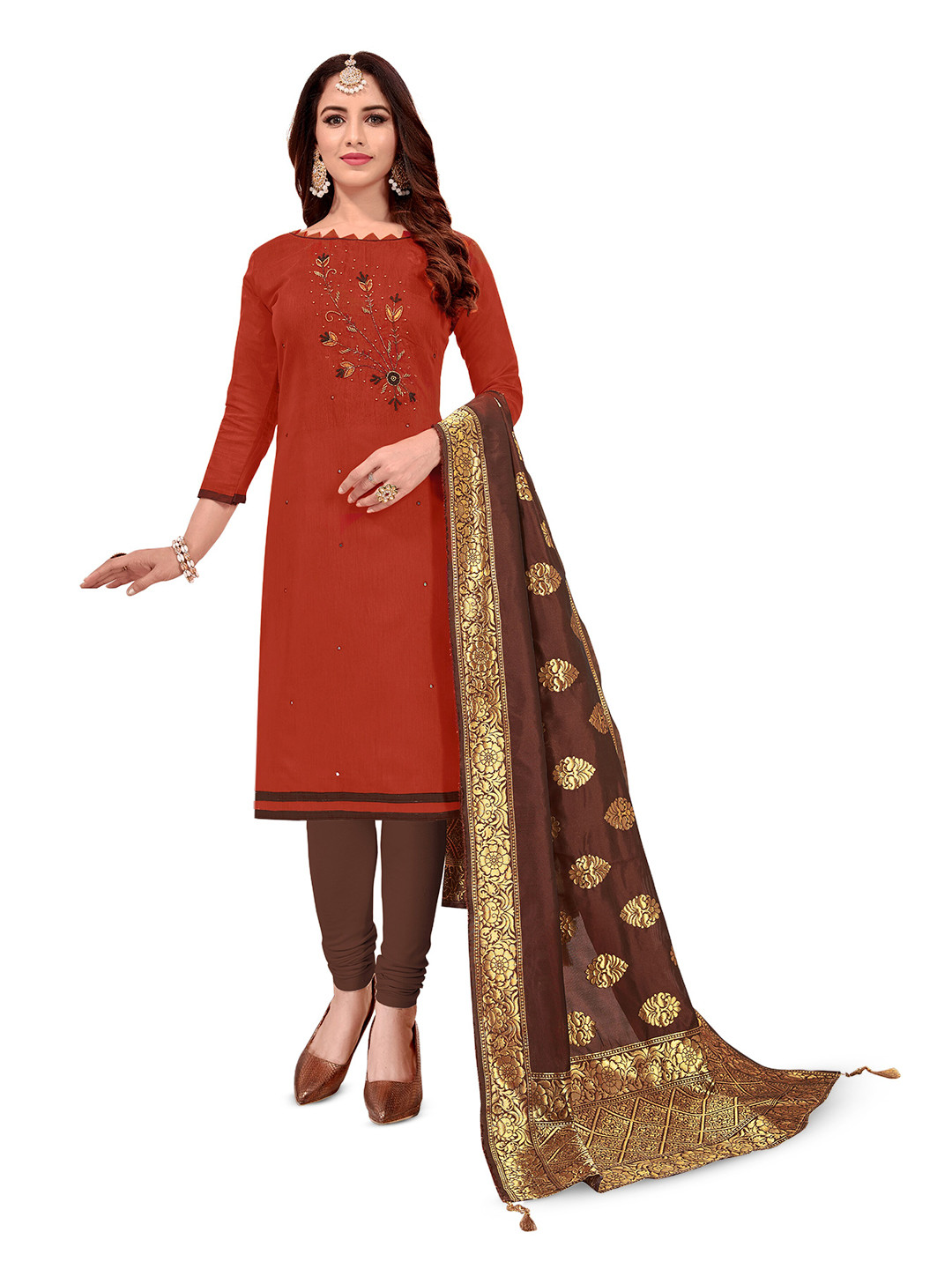 MANVAA Floral Embroidered Beads And Stones Glaze Cotton Unstitched Dress Material