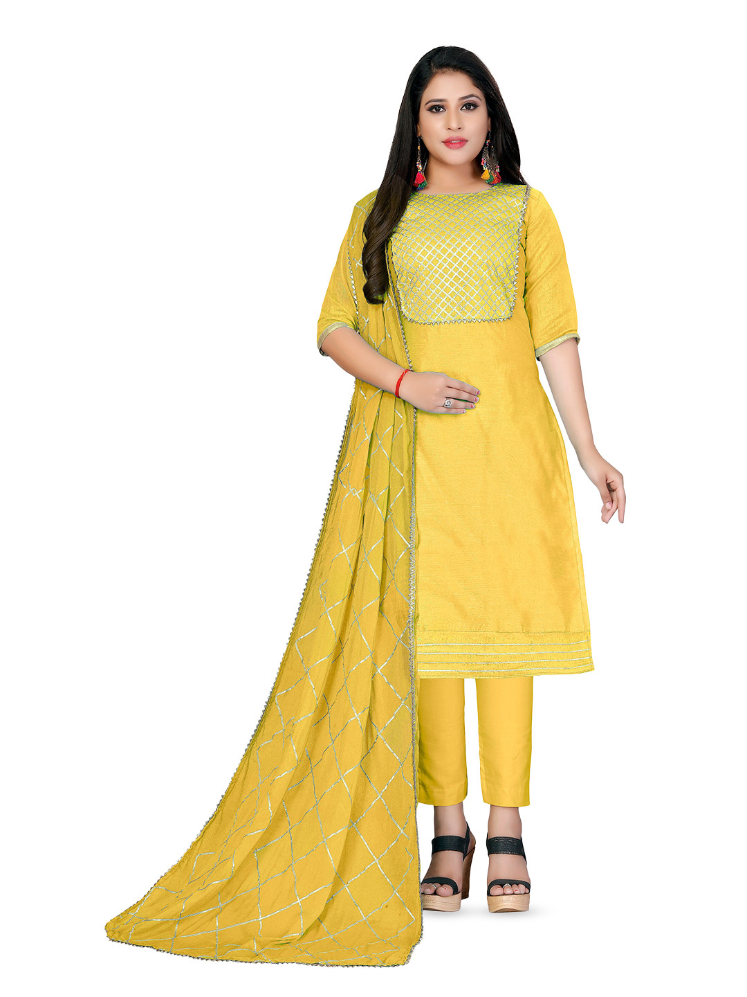 MANVAA Geometric Yoke Designed Gotta Patti Modal Cotton Unstitched Dress Material