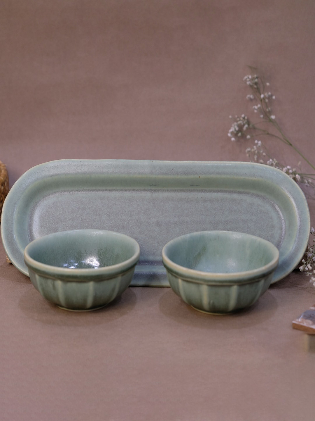 DESIGN GAATHA Green & Cream 3 Pieces Ceramic Platter With Snack Bowl