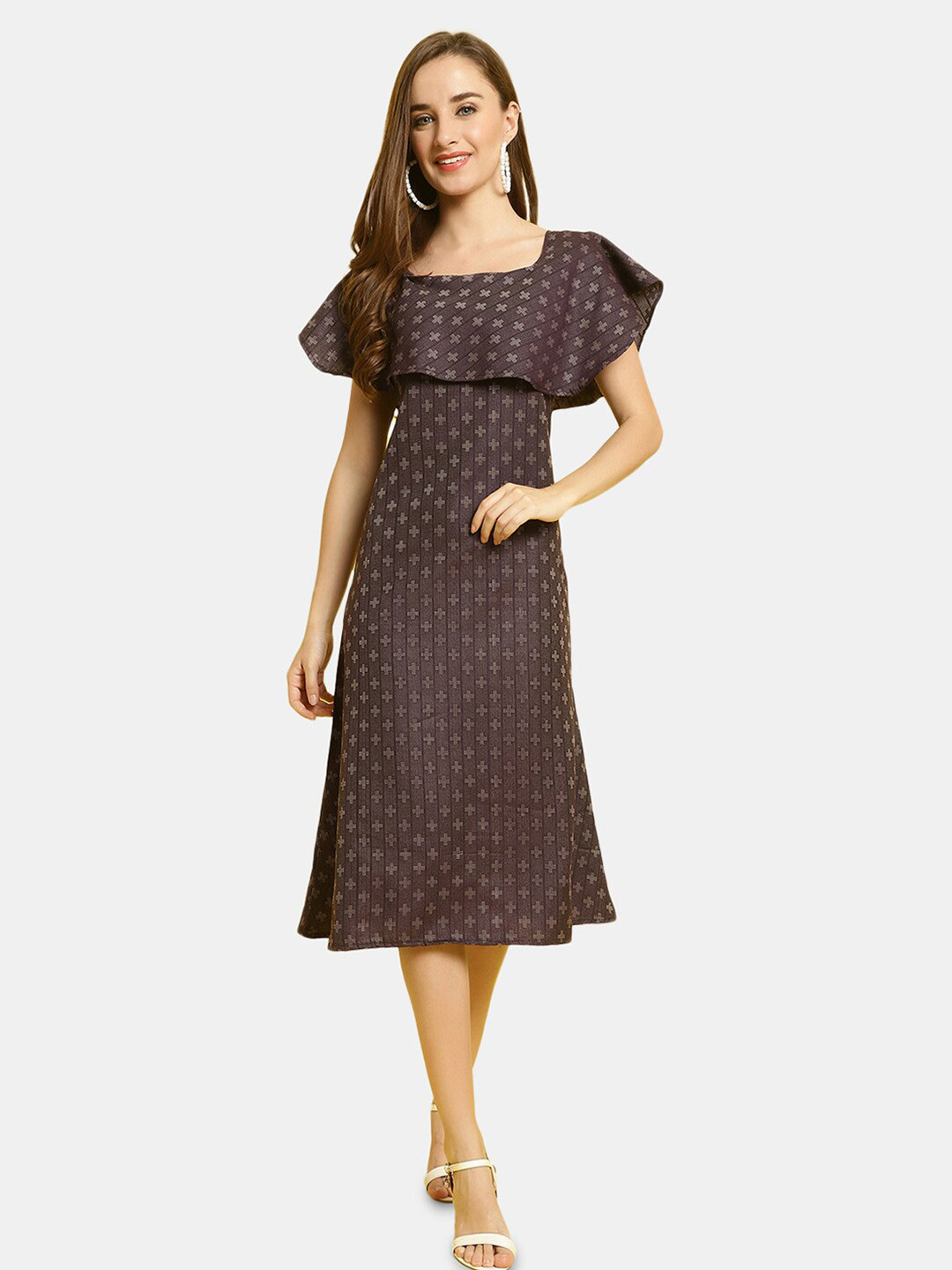 Enchanted Drapes Geometric Printed Round Neck Cape Sleeves Cotton A-Line Dress