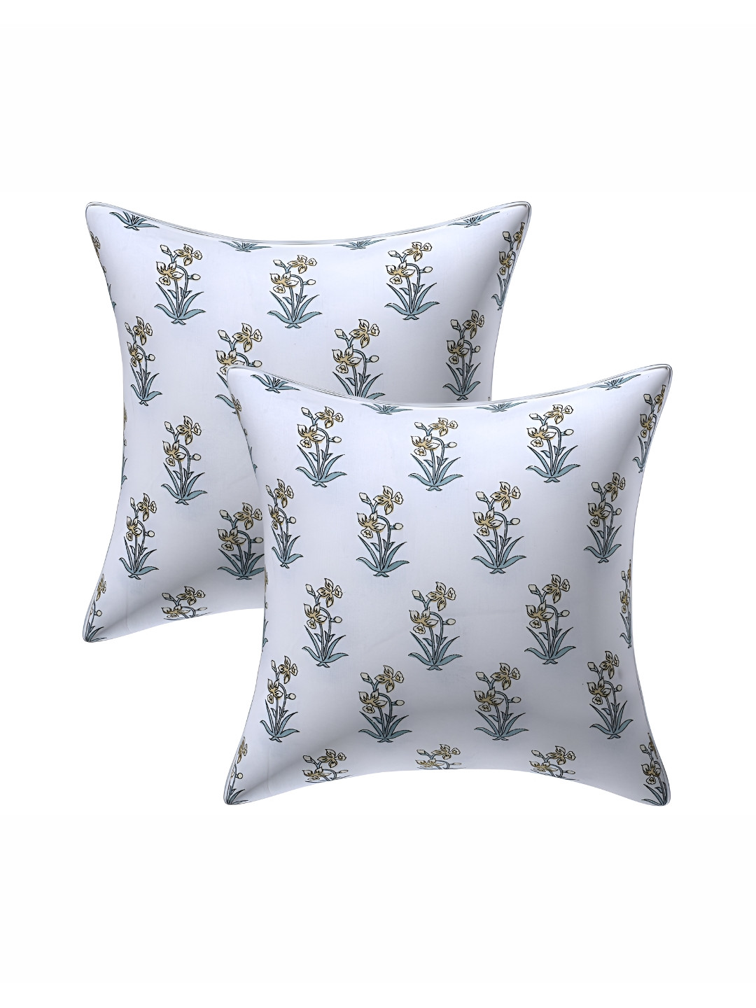 Texstylers Gold-Toned & Green 2 Pieces Floral Cotton Square Cushion Covers