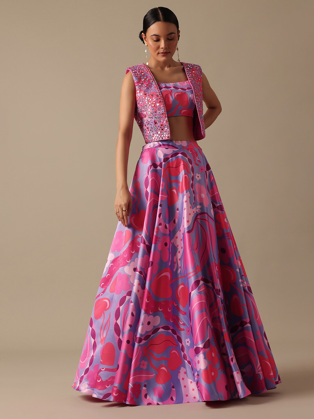 KALKI Fashion Printed Mirror Work Detail Satin Ready to Wear Lehenga & Blouse With Jacket