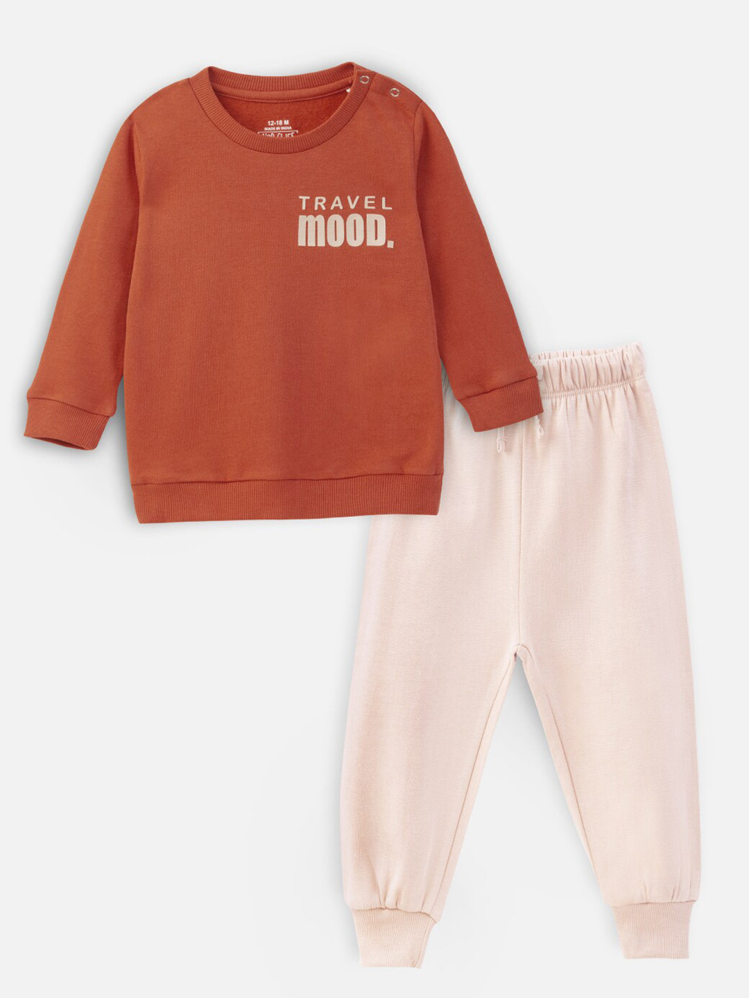 Nap Chief Infant Travel Mood Printed Orange & Beige Fleece Sweatshirt with Joggers Set Clothing