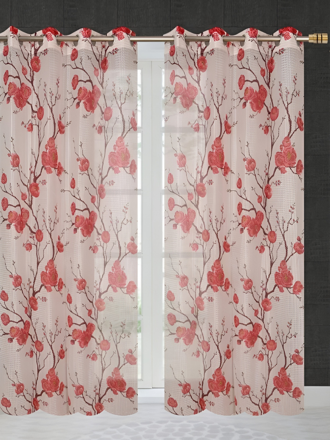 COMFY HOME Maroon & Violet 2 Pieces Floral Sheer Door Curtains