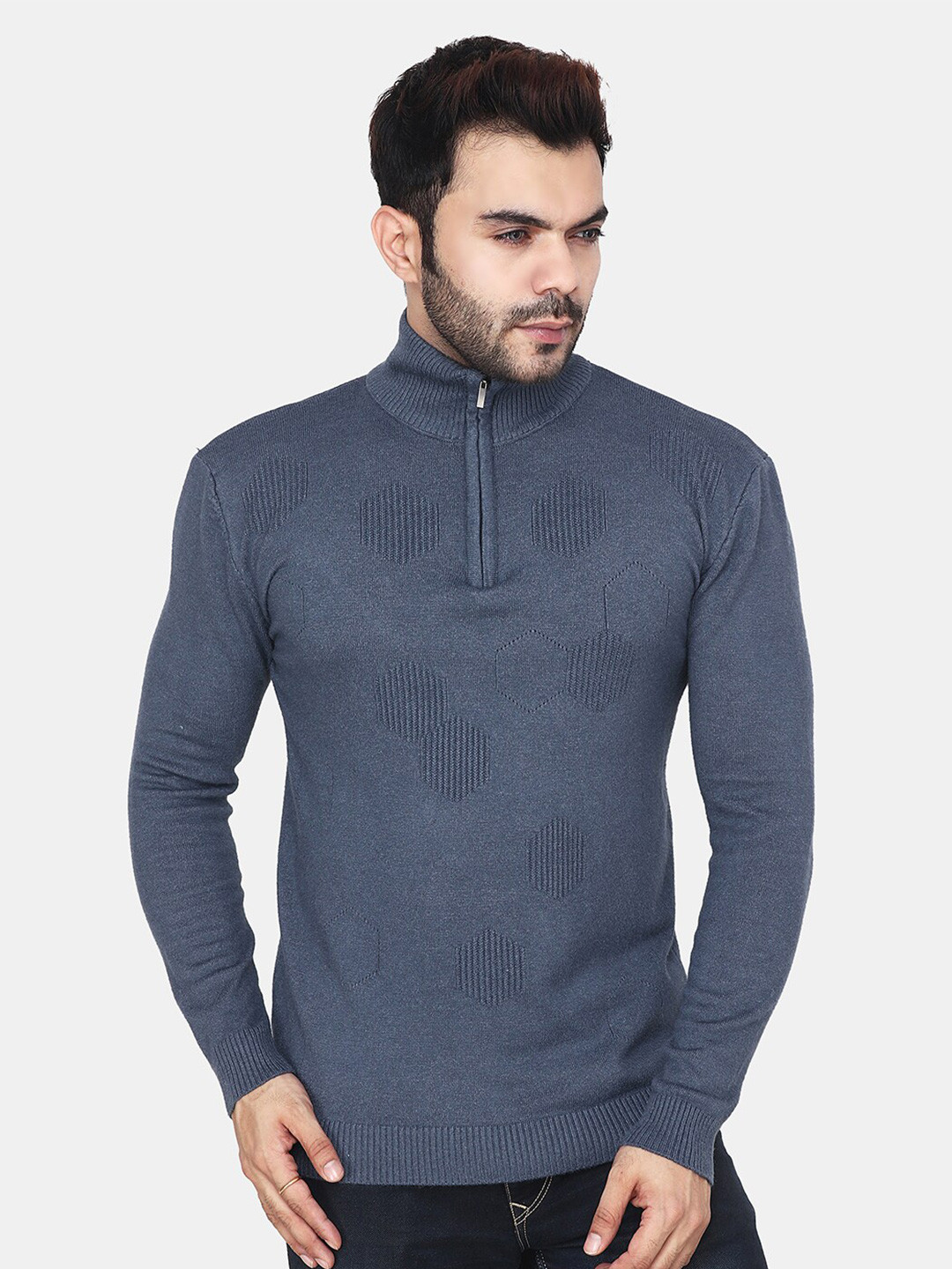 Steele Self Design Turtle Neck Long Sleeves Zip Detail Cotton Pullover Sweater