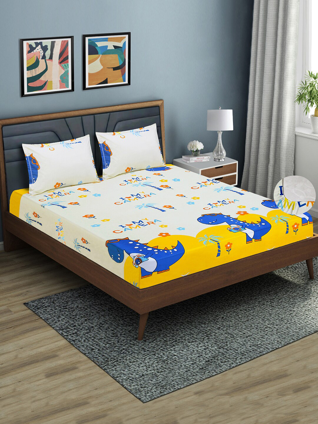 Aura White & Yellow Conversational 144 TC Queen Fitted Bedsheet with 2 Pillow Covers
