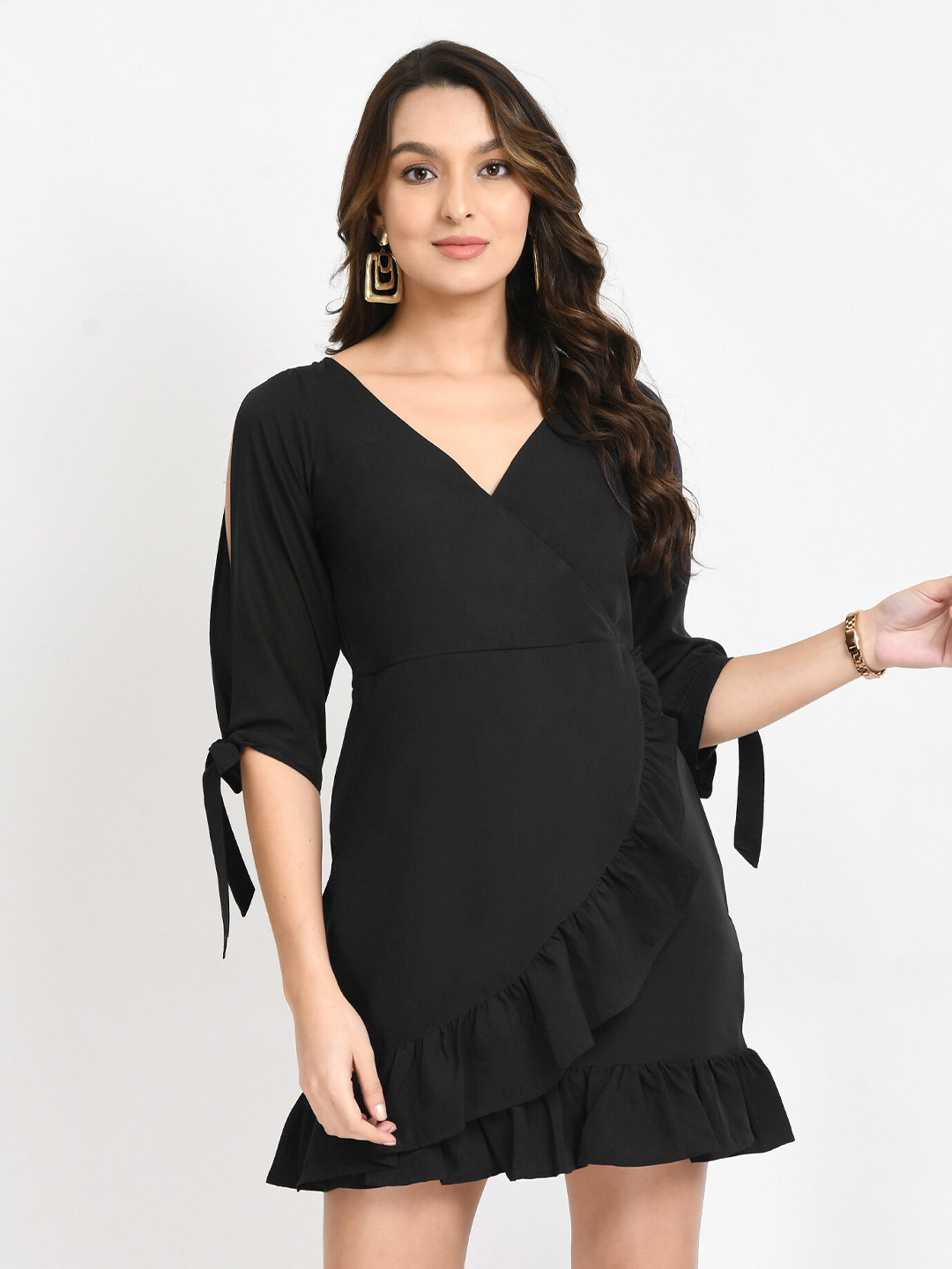 V&M V-Neck Slit Sleeves Ruffles Wrap Mini Dress