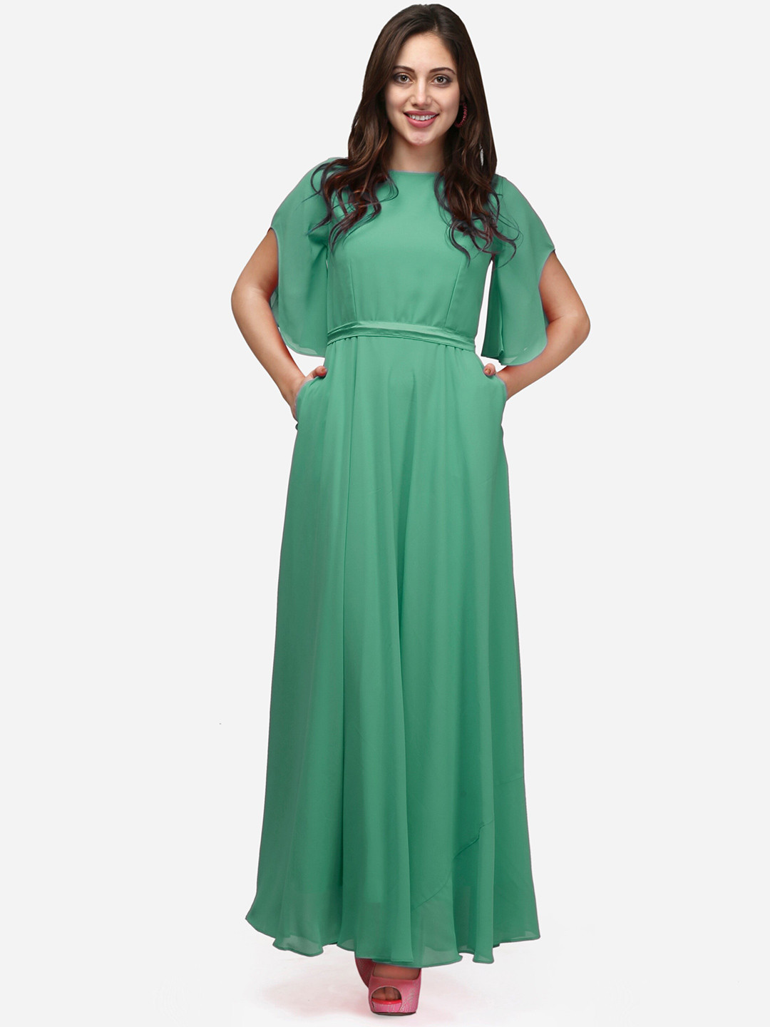 V&M Boat Neck Flared Sleeves Maxi Dress
