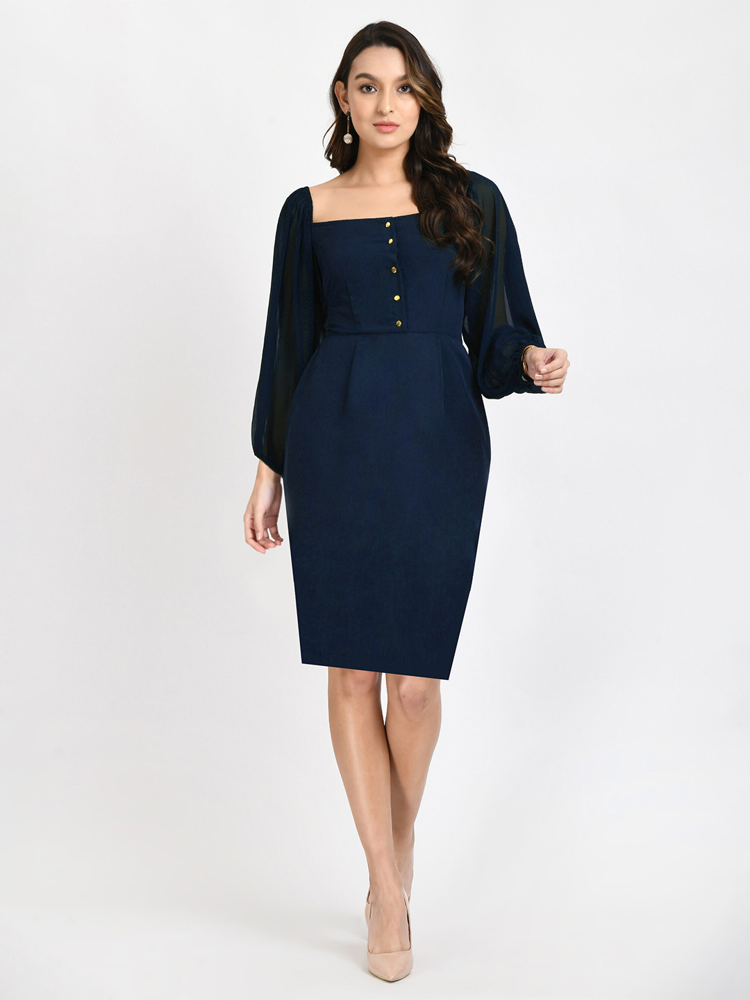 V&M Square Neck Puff Sleeves Sheath Dress