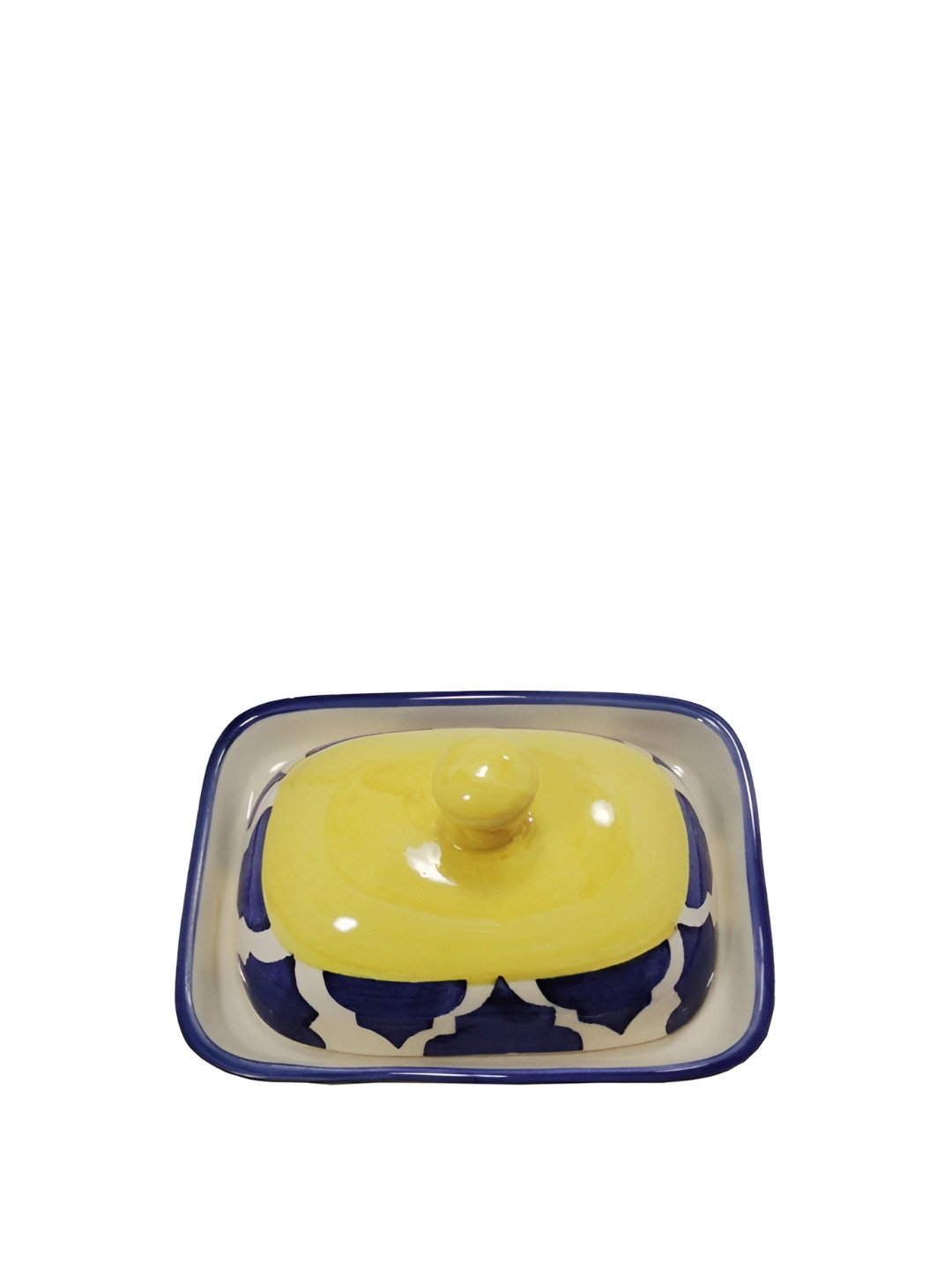 caffeine Yellow Blue Abstract Glossy Ceramic Microwave Safe Butter Tray with lid
