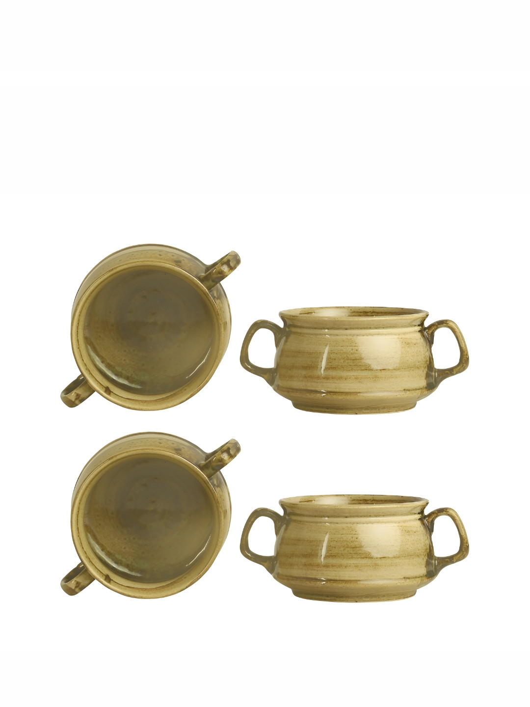 Caffeine Ceramic Glossy Wood Brown Double Handle Soup Bowls with Spoon