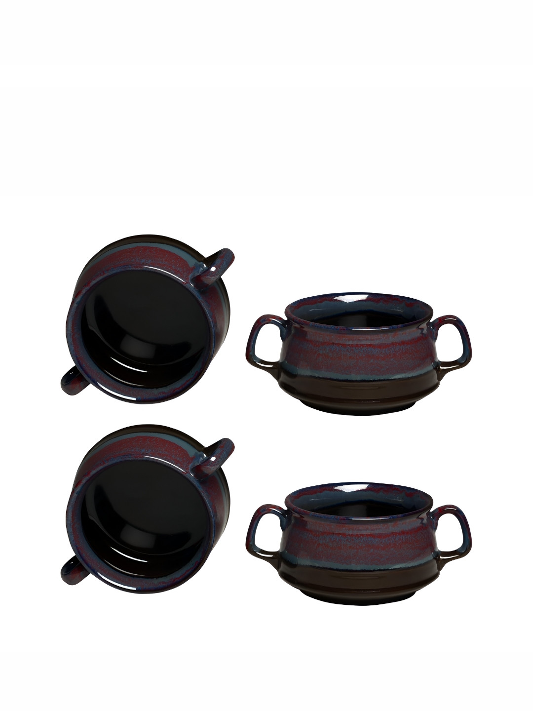 caffeine Magenta & Black 4 Pieces Ceramic Microwave Safe Soup Bowl with Spoon