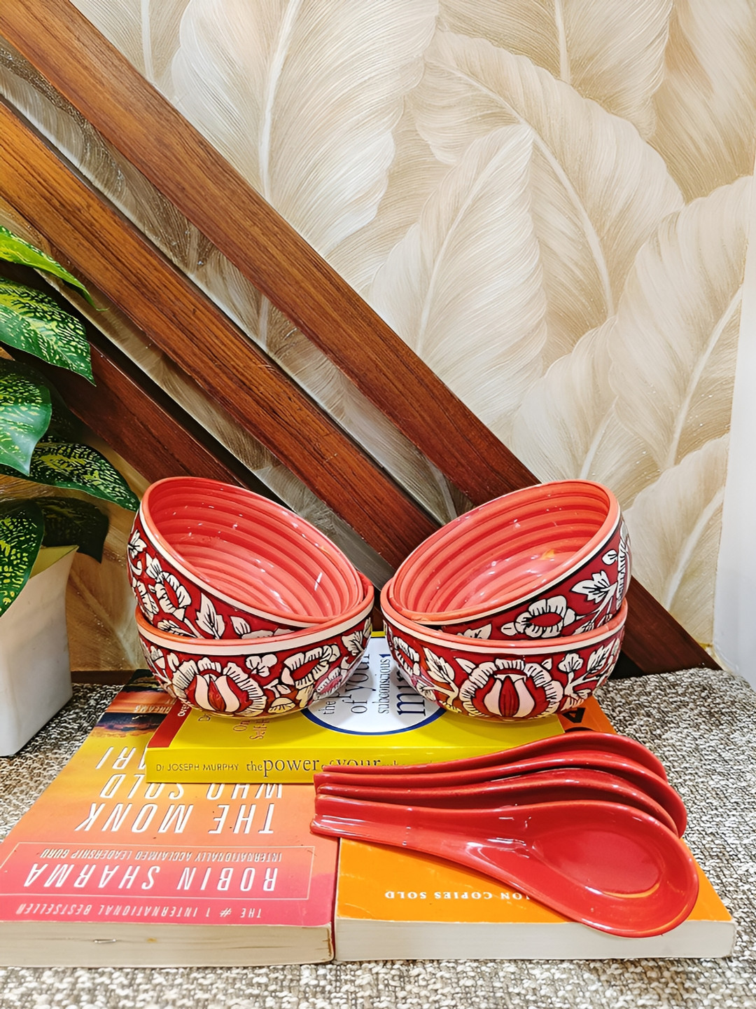 caffeine White & Red 8 Pieces Printed Ceramic Mughal Soup Bowl with Spoon
