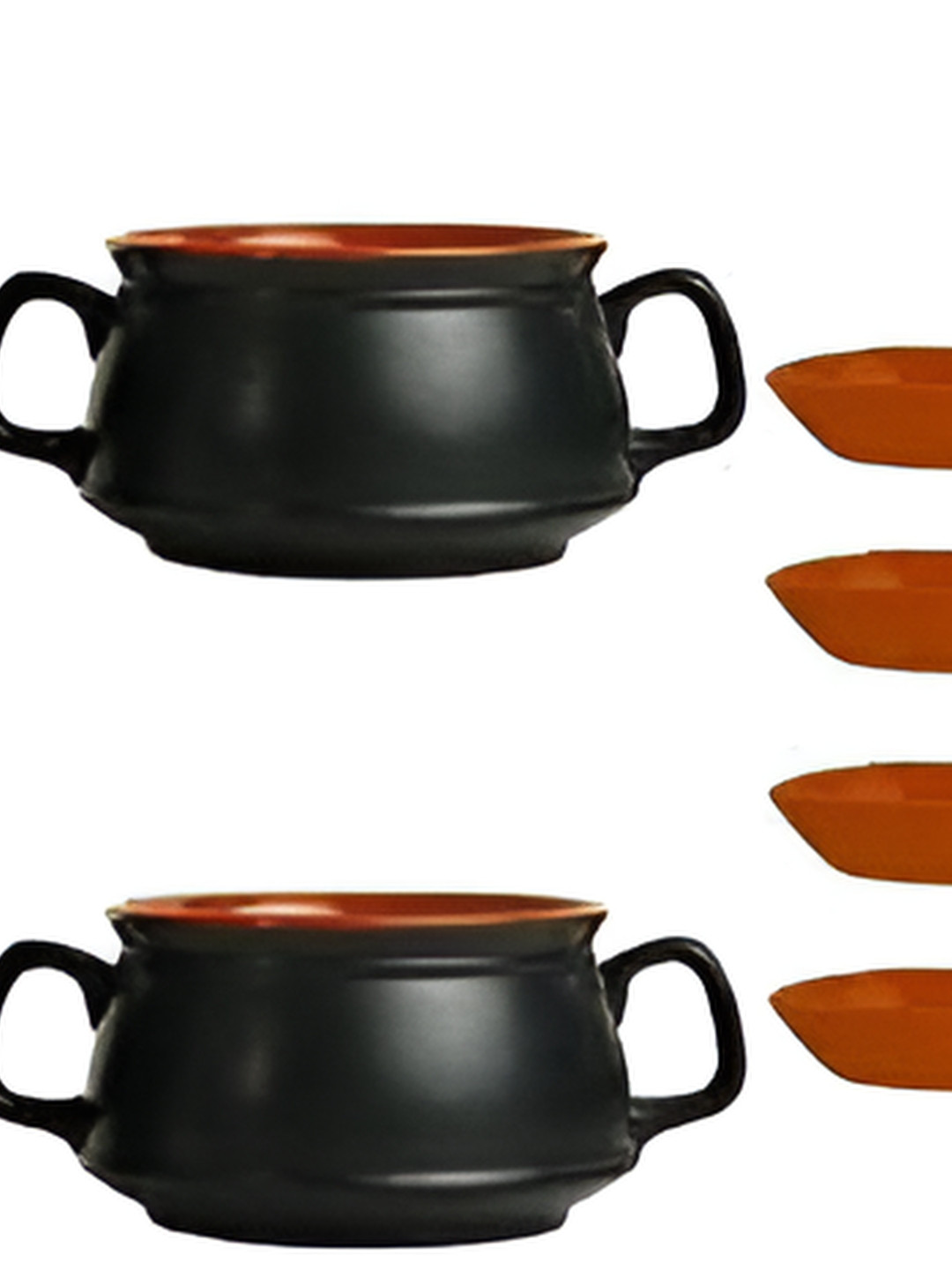 caffeine Black & Brown 4 Pcs Double Handle Ceramic Soup Bowl with Spoon