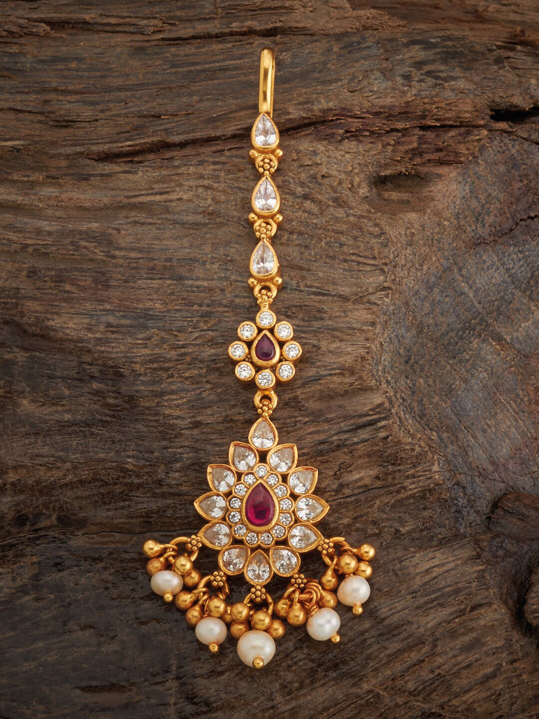 Kushal's Fashion Jewellery Embellished Bridal 92.5 Silver Gold Plated Ruby Maang Tikka