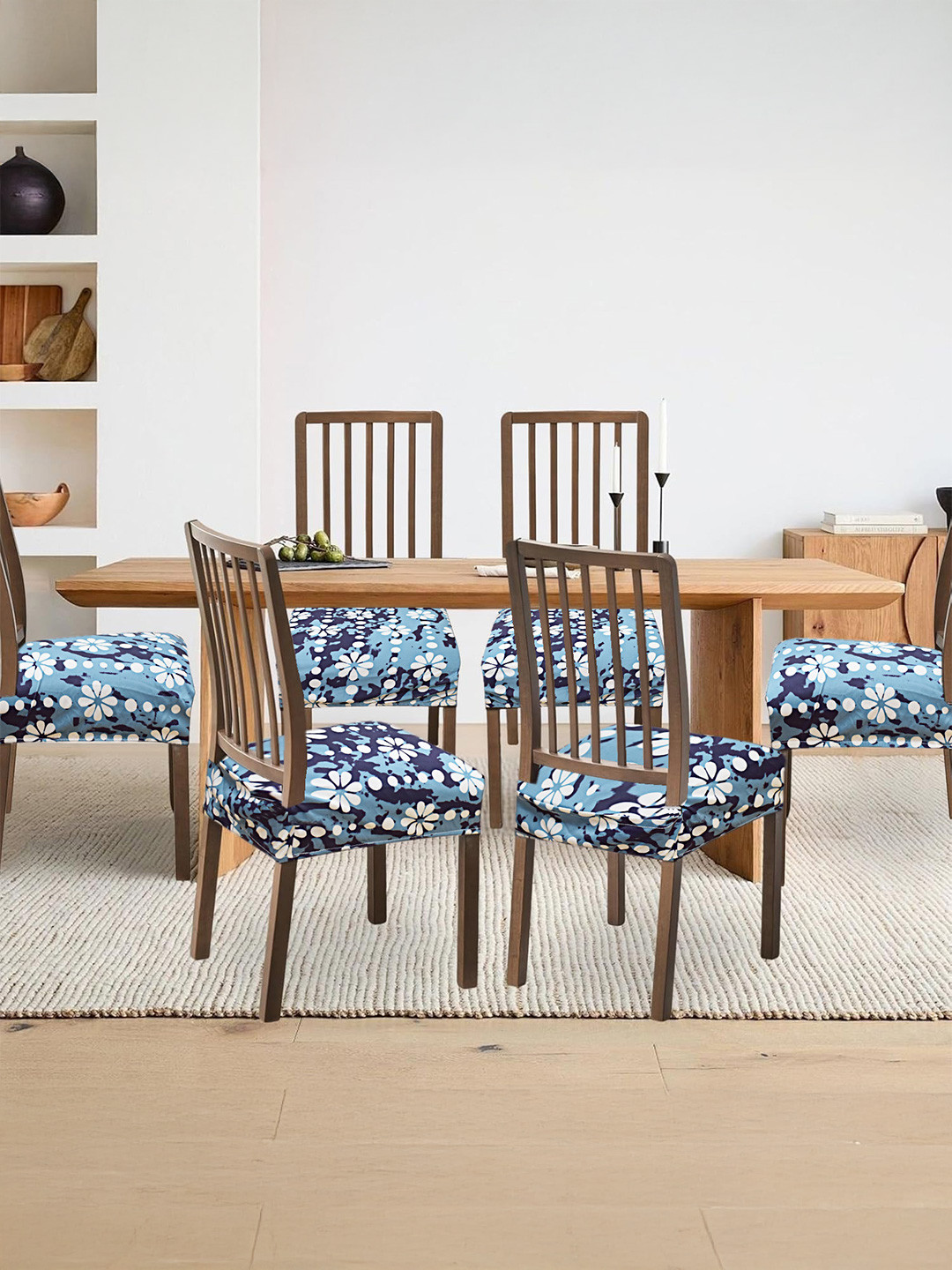 ohello 6 Pcs White & Blue Floral Printed Elasticated Fitted Polyester Chair Seat Covers