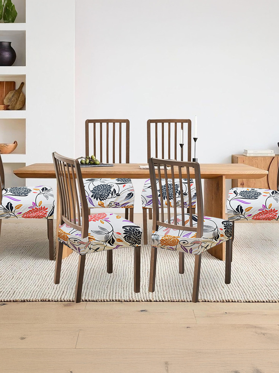 ohello 6 Pcs Multicolor Floral Printed Elasticated Fitted Polyester Chair Seat Covers