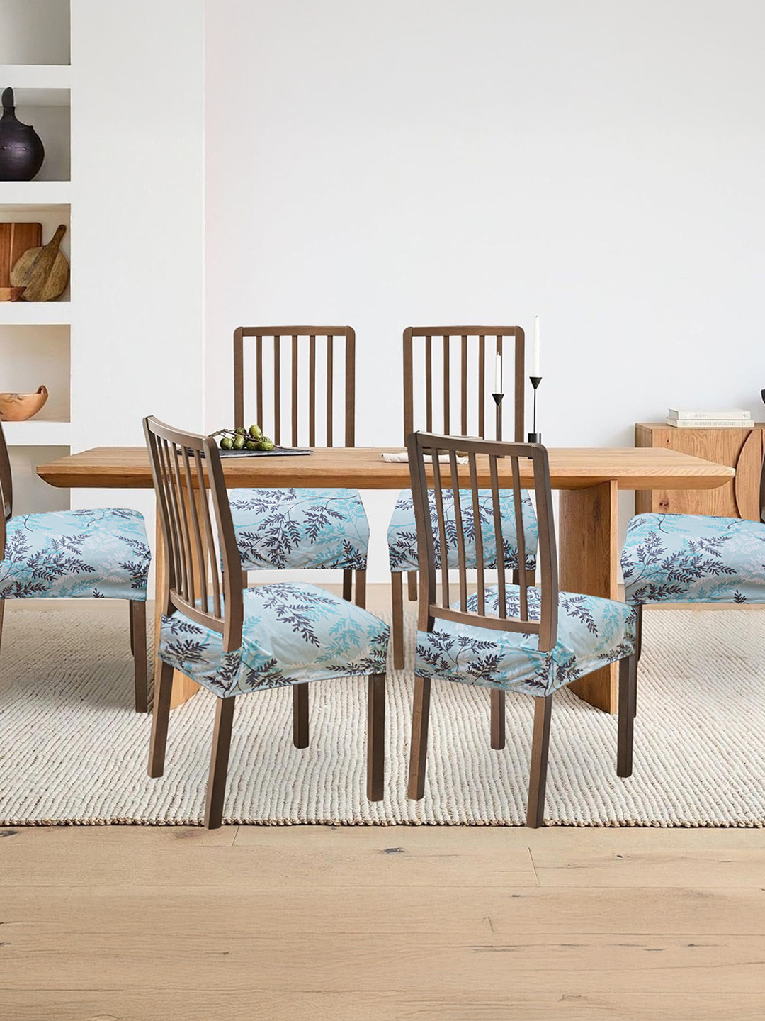 ohello 6 Pcs Light Blue Floral Printed Elasticated Fitted Polyester Chair Seat Covers