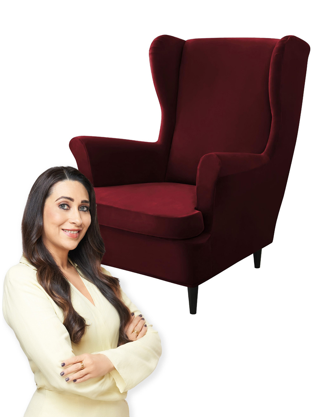 HOKIPO Burgundy Velvet Stretchable Wing Chair Cover