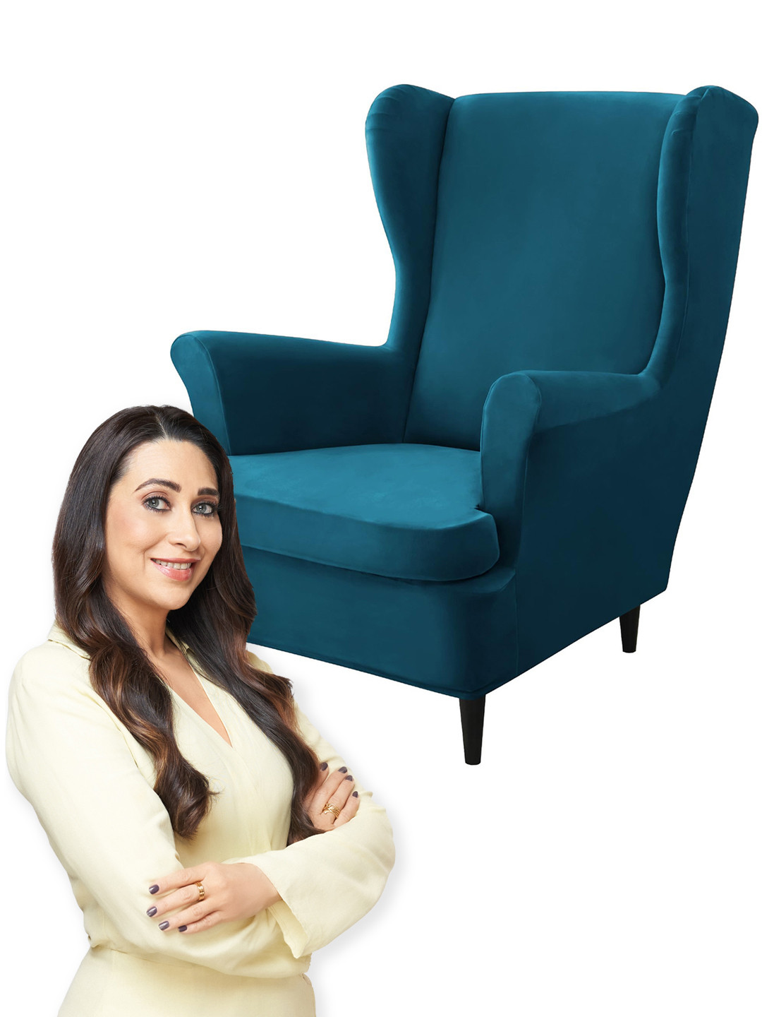 HOKIPO Turquoise Blue Velvet Wing Chair Cover