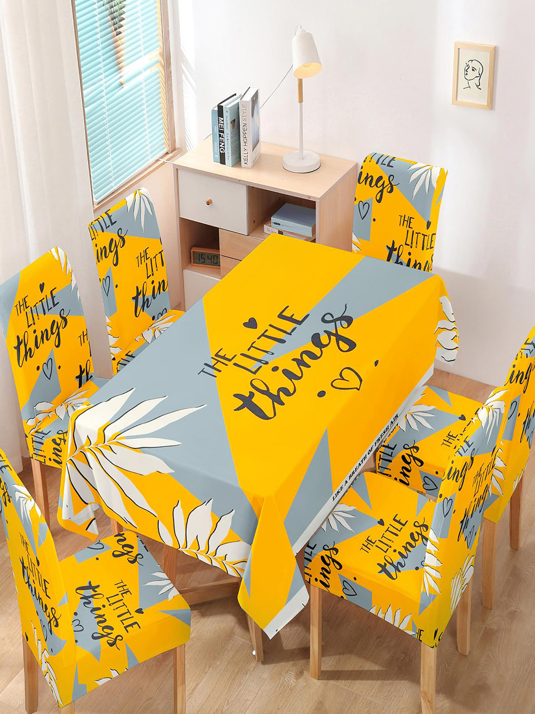 HOKIPO Yellow & Grey 7 Pieces Chair Covers With Table Cover