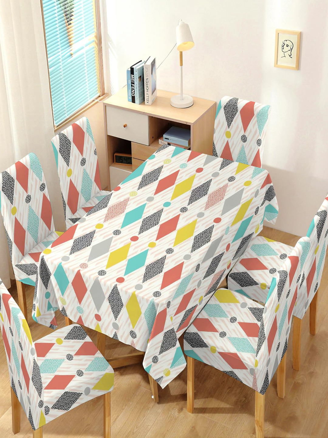 HOKIPO Multicolor 7 Pieces Printed Chair Covers & Table Cloth