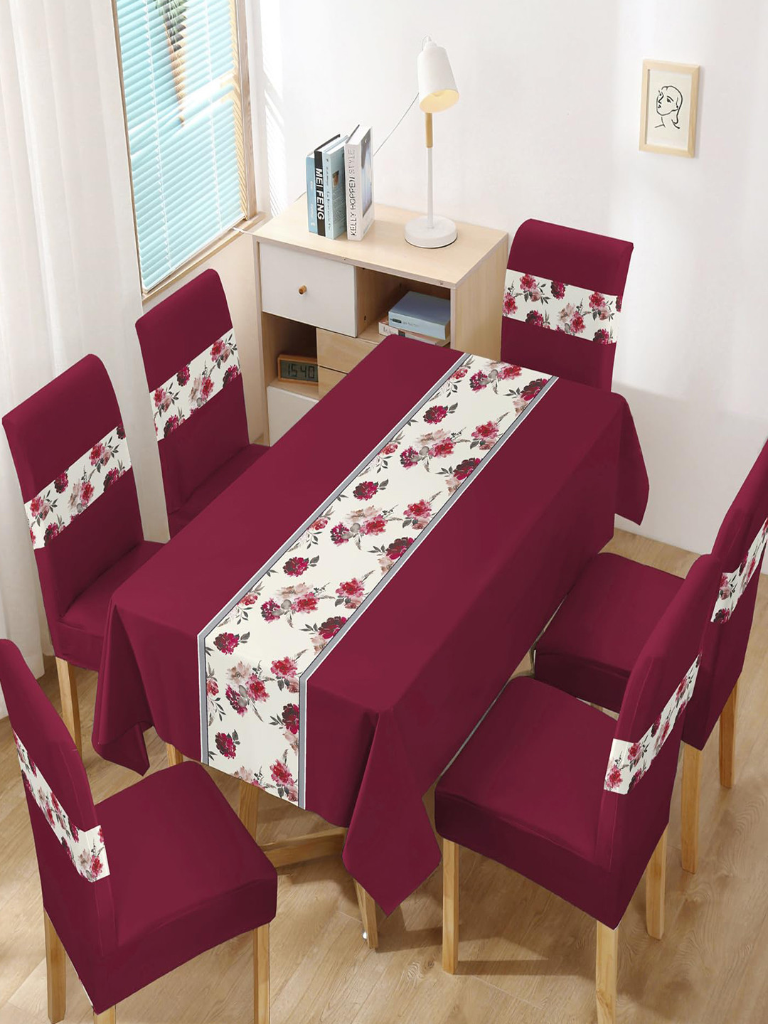 HOKIPO Maroon & White 7 Pieces Printed Chair Covers & Table Cloth Set