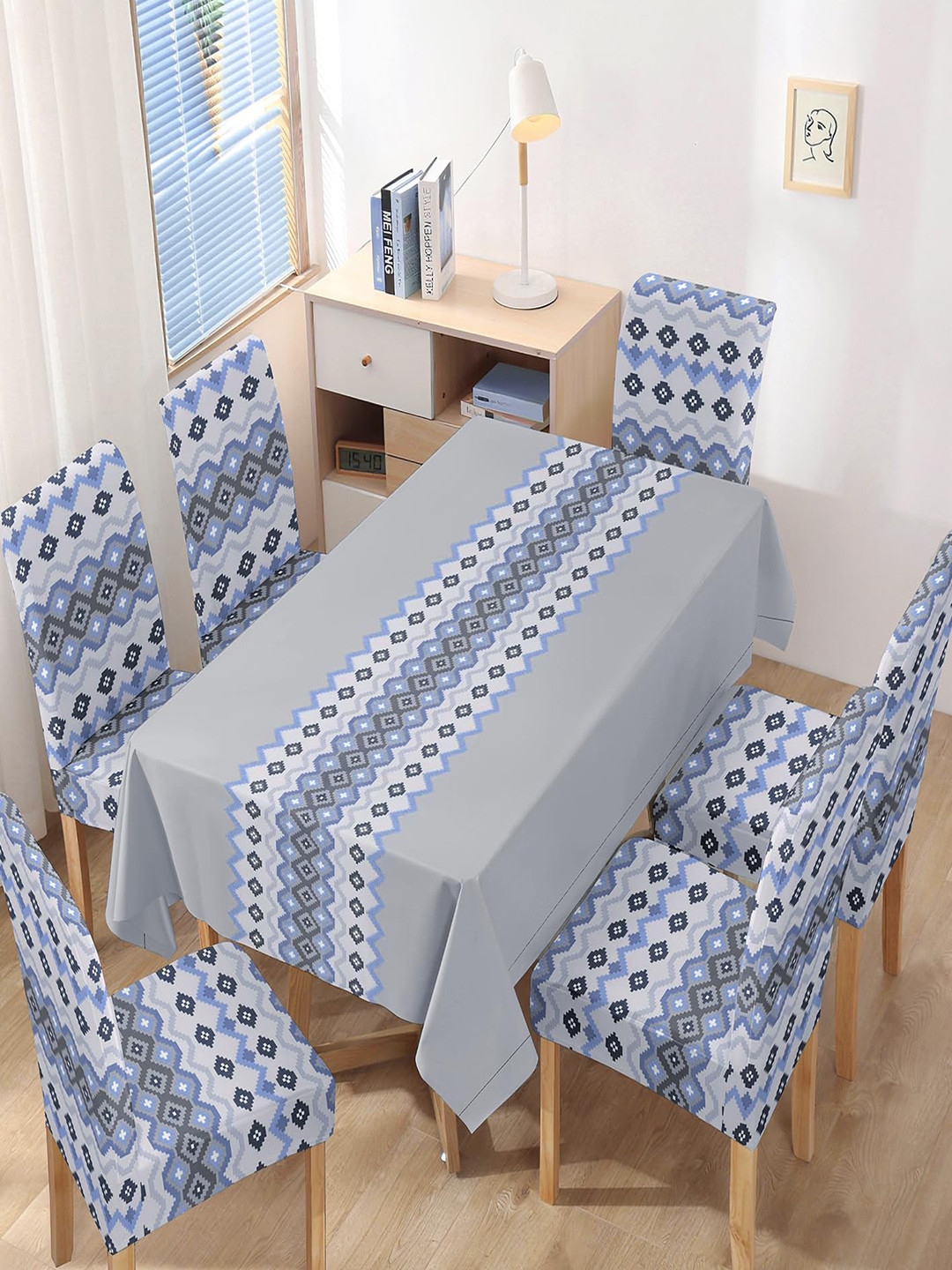 HOKIPO Grey & Blue 7 Pieces Printed Chair Covers & Table Cloth