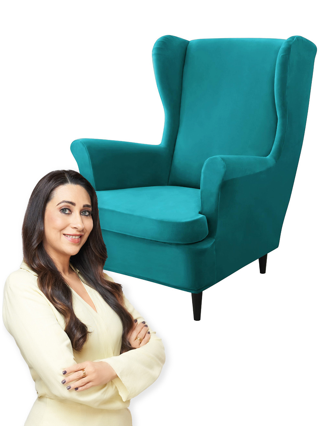 HOKIPO Turquoise Blue Velvet 210 GSM Wing Chair Cover