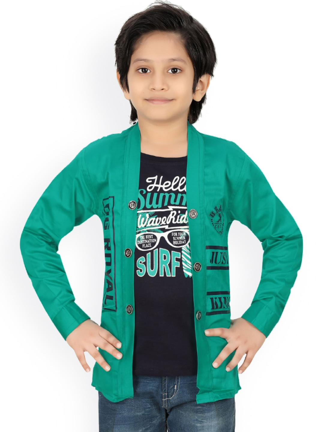 BAESD Boys Typography Printed Collarless Lightweight Open Front Jacket
