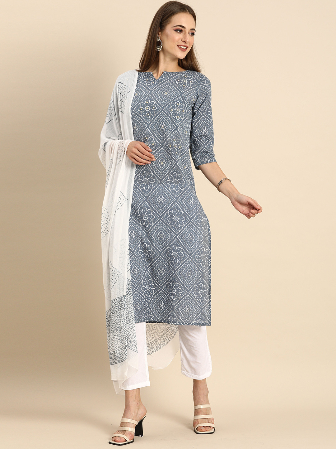 Roly Poly Bandhani Printed Beads & Stones Pure Cotton Kurta With Trousers & Dupatta
