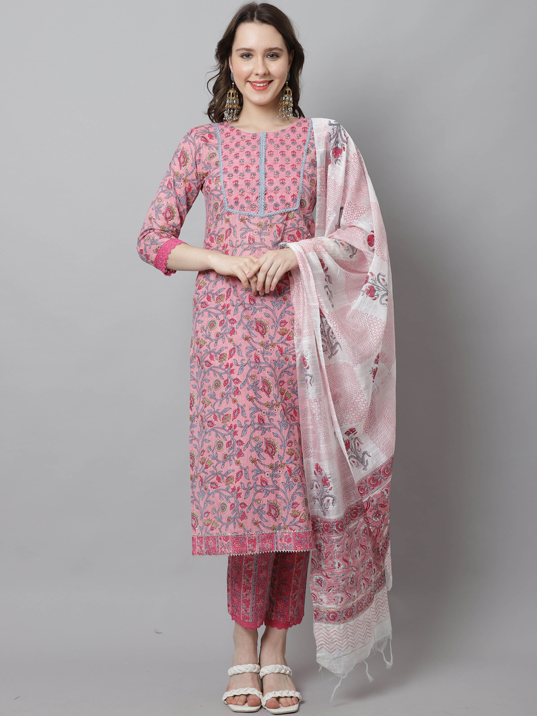 Roly Poly Floral Printed Regular Beads & Stones Pure Cotton Kurta With Trousers & Dupatta