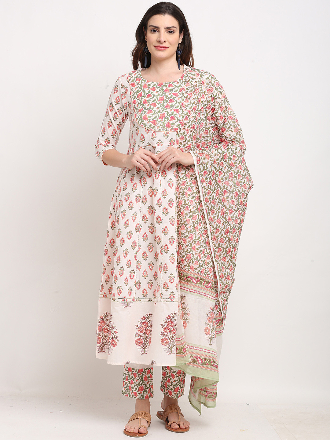 Roly Poly Floral Printed Regular Thread Work Pure Cotton Kurta With Trousers & Dupatta