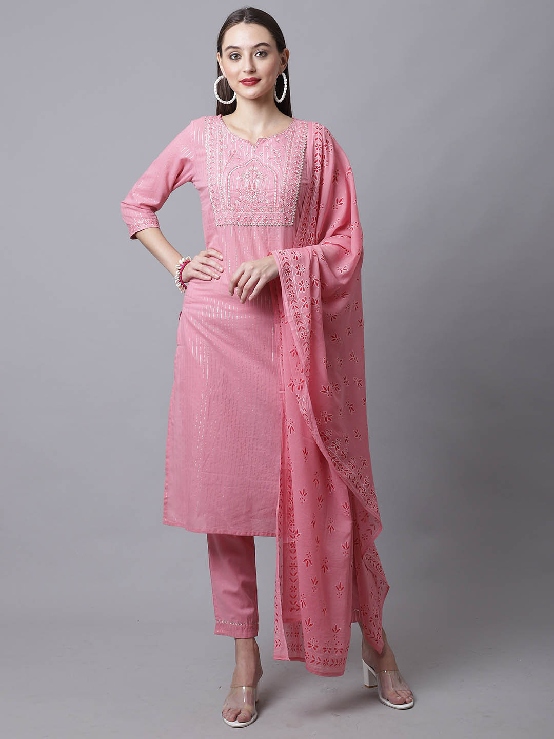 Roly Poly Striped Thread Work Pure Cotton Kurta & Trousers With Dupatta