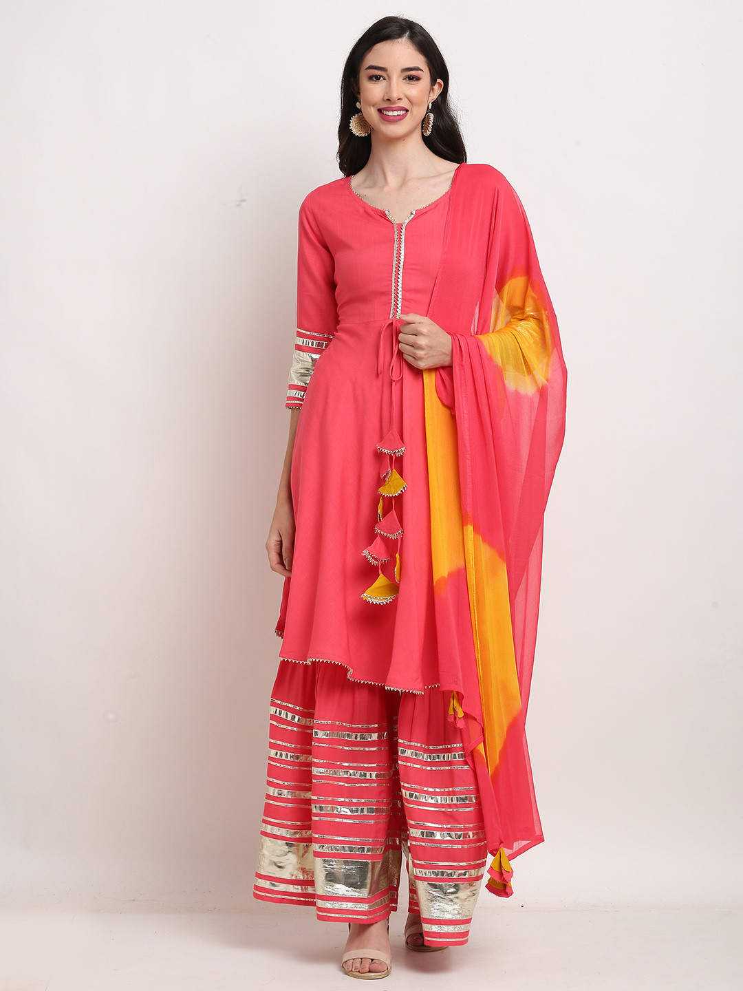 Roly Poly Round Neck A-Line Gotta Patti Pure Cotton Kurta With Sharara & Dupatta