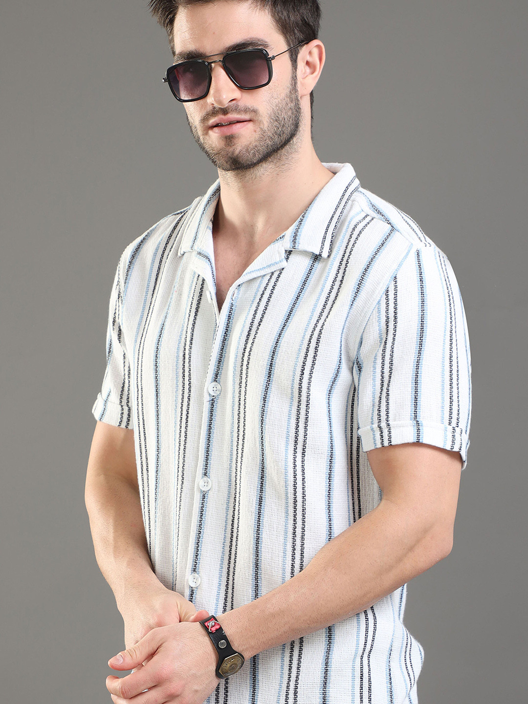 Moda Rapido white Slim Fit Striped Short Sleeves Cotton Casual Shirt