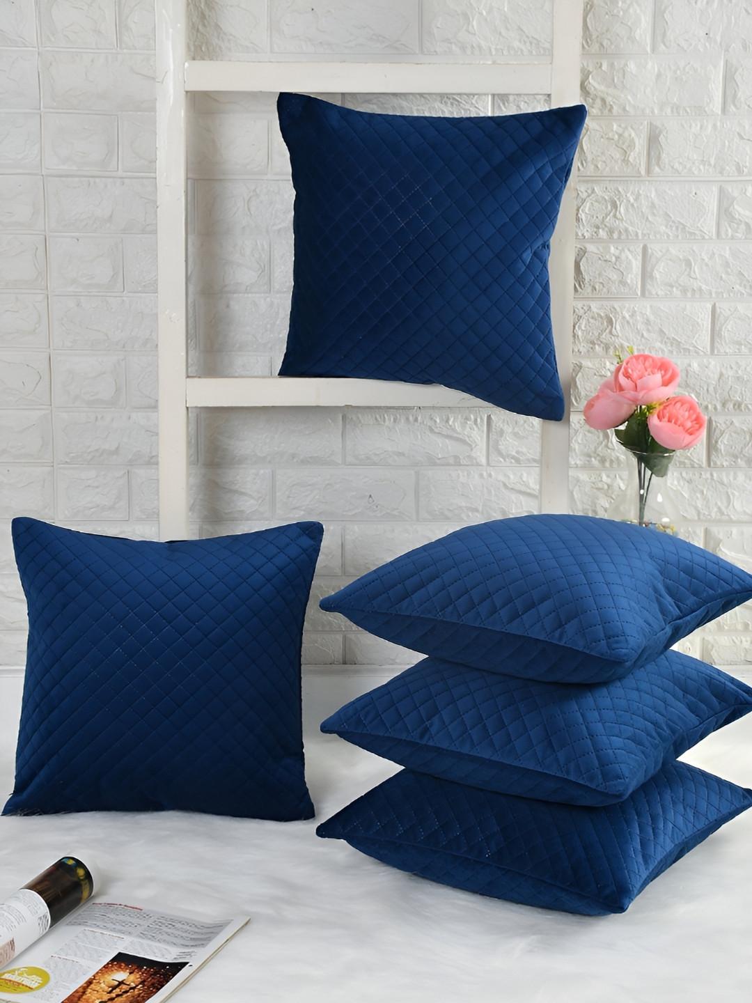 HOMADORN Quilted Geometric Velvet Durable 2 Pcs Textured Square Cushion Covers -16x16In
