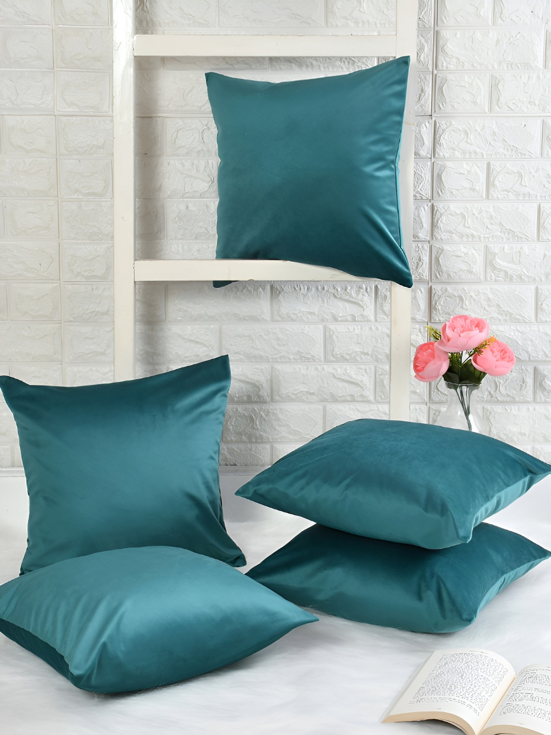 HOMADORN Quilted Green Velvet Durable 5 Pcs Square Cushion Covers - 16 x 16 In