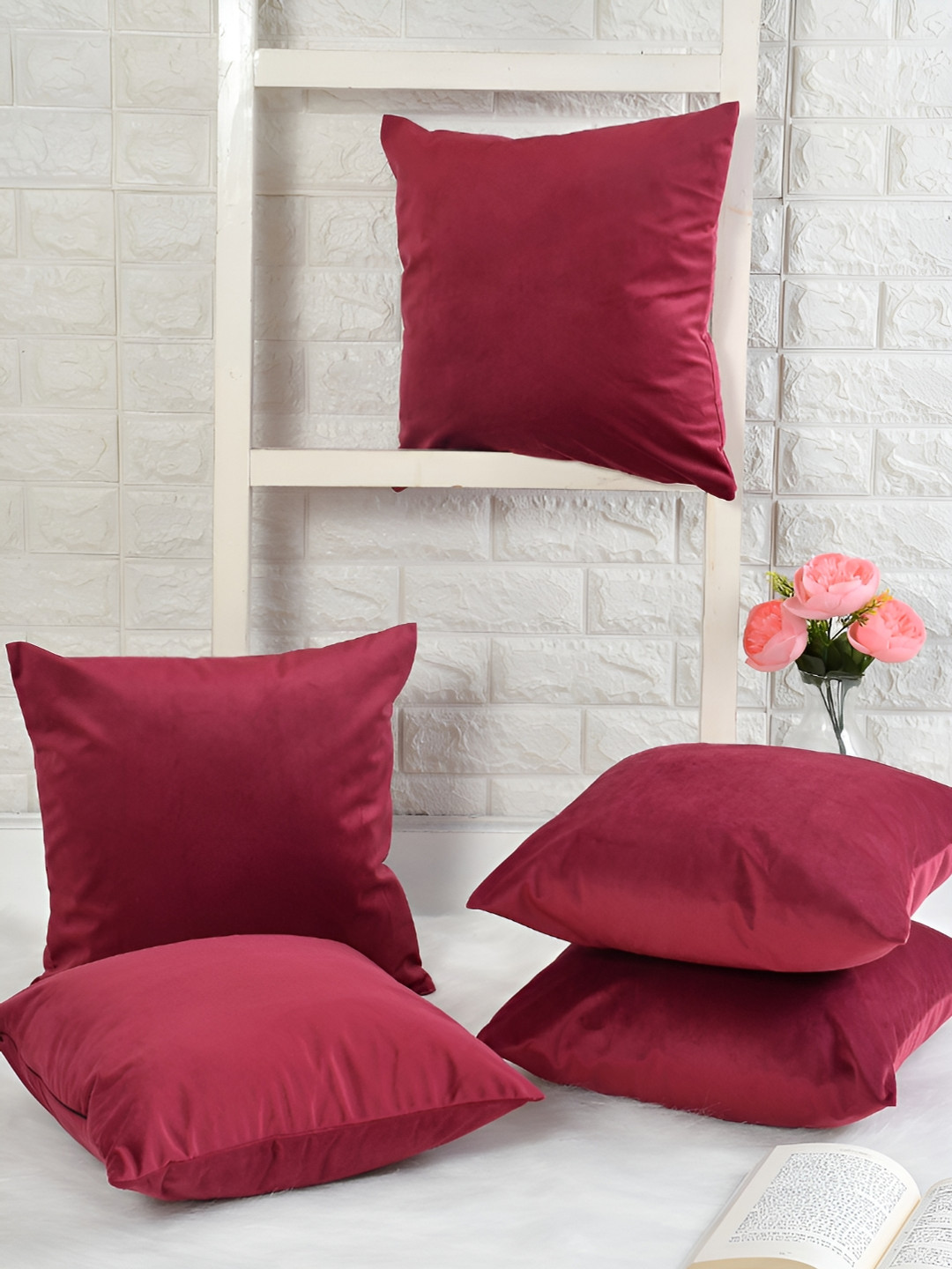 HOMADORN Maroon Velvet Quilted 2 Square Cushion Covers -16x16In