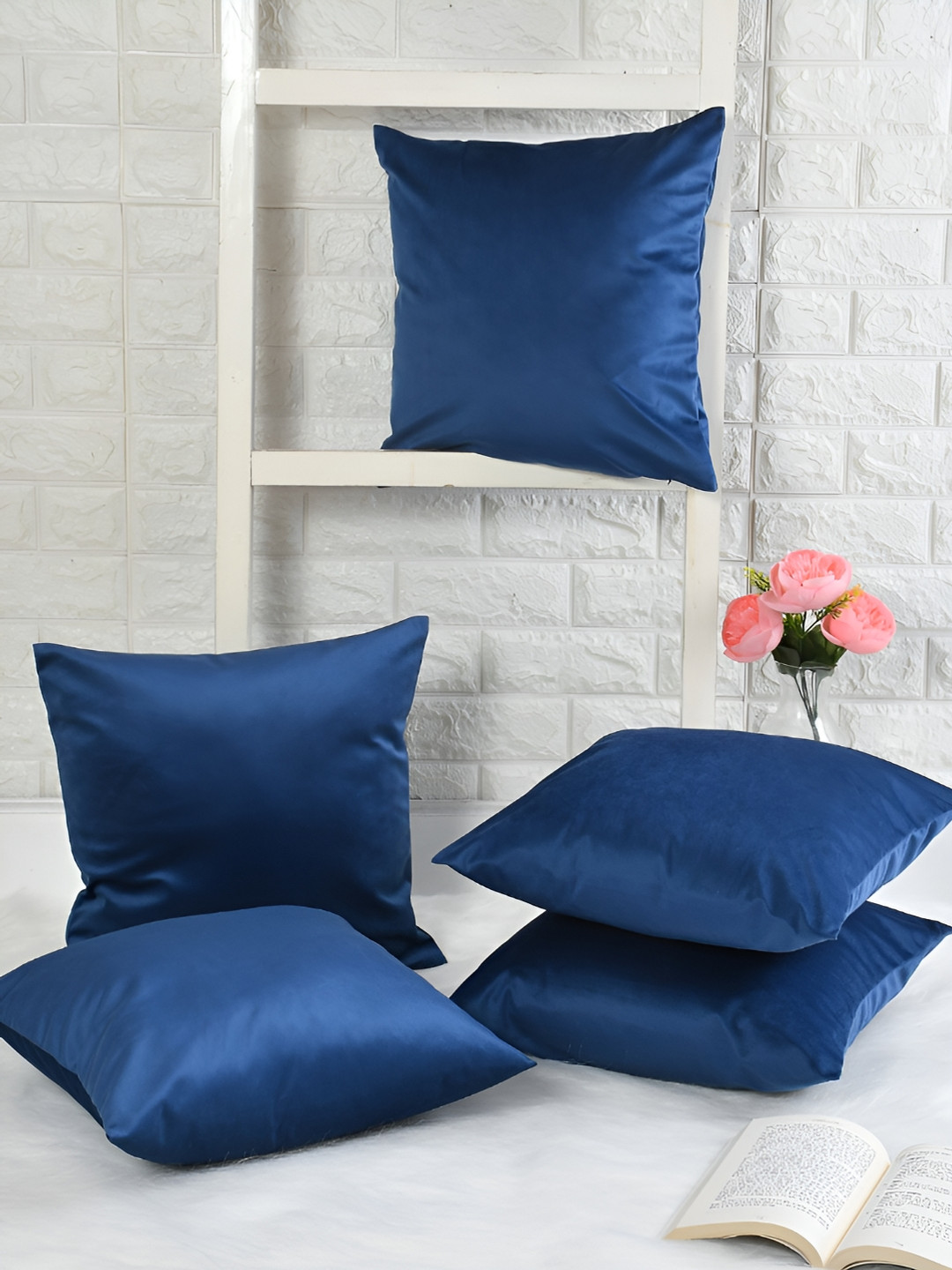 HOMADORN Quilted Blue Velvet Durable 5 Piece Square Cushion Covers -16x16In