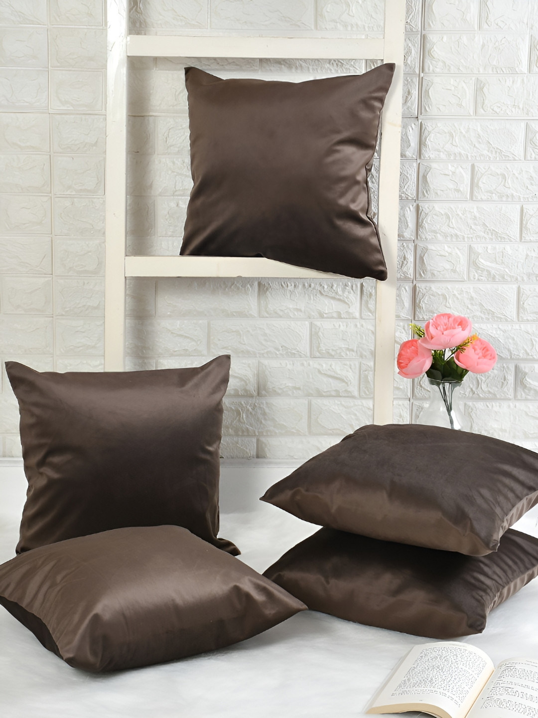HOMADORN Quilted Brown Velvet Durable 5 Pcs Textured Square Cushion Covers - 16 x 16 In