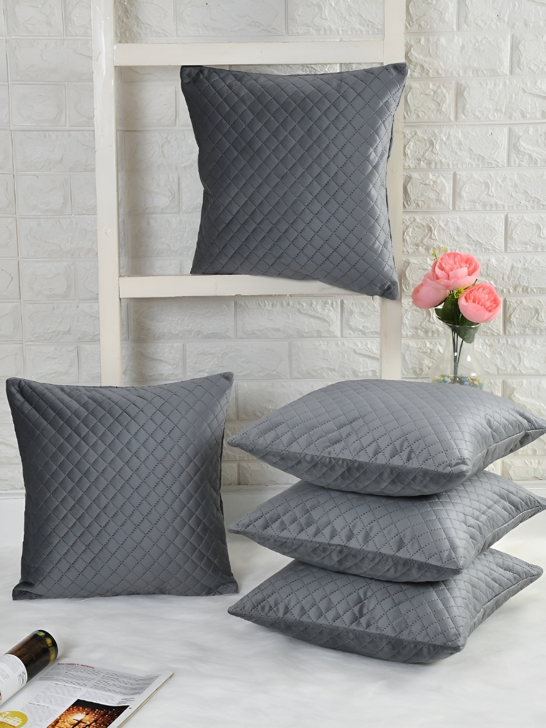 HOMADORN Grey 2 Pieces Checked Velvet Square Cushion Covers