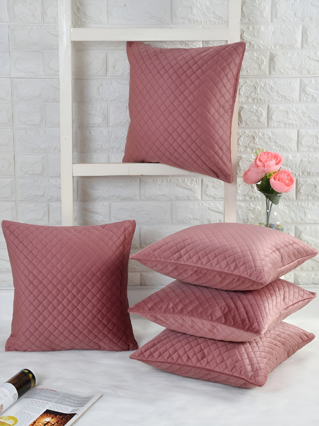HOMADORN Pink Geometric Velvet Quilted 5 Piece Textured Square Cushion Covers -16x16In