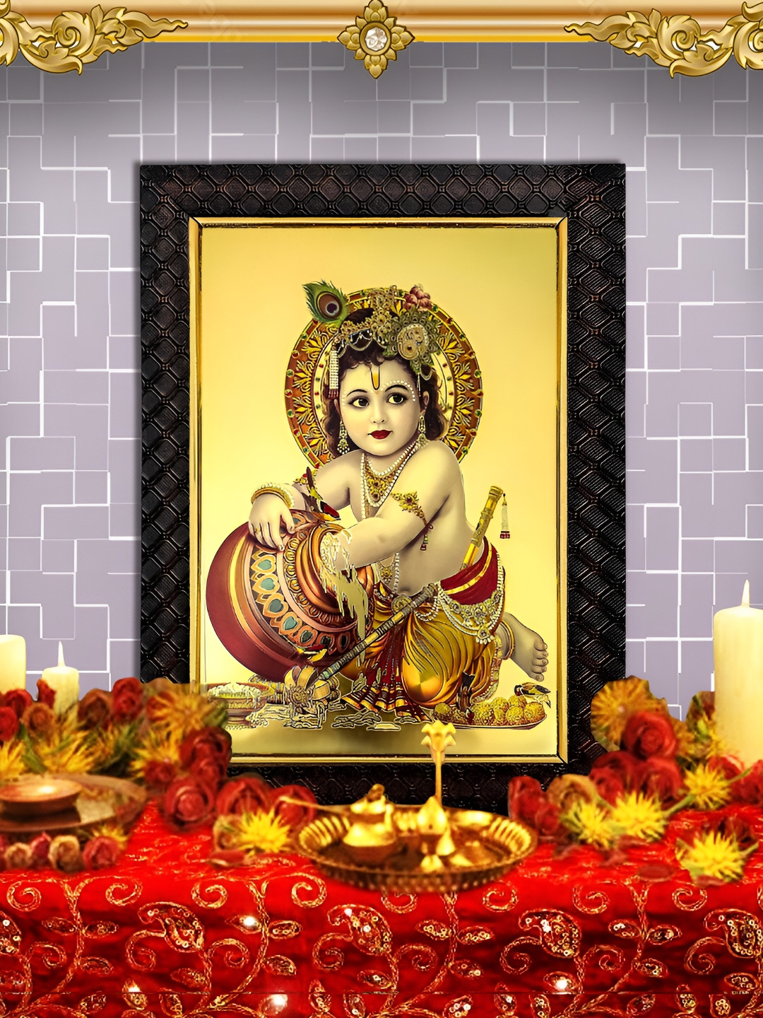 Hawai Black & Gold Toned Shri Krishna Wooden Wall Photo Frame